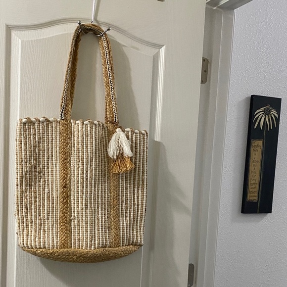 Handbags - Striped Tan and Cream Tote Bag